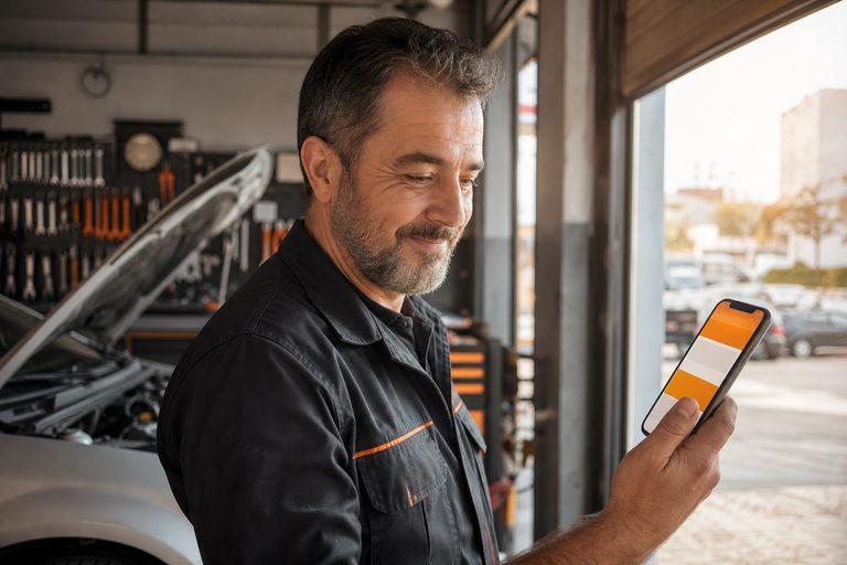 Dükkanının kapısında telefonuna bakan usta